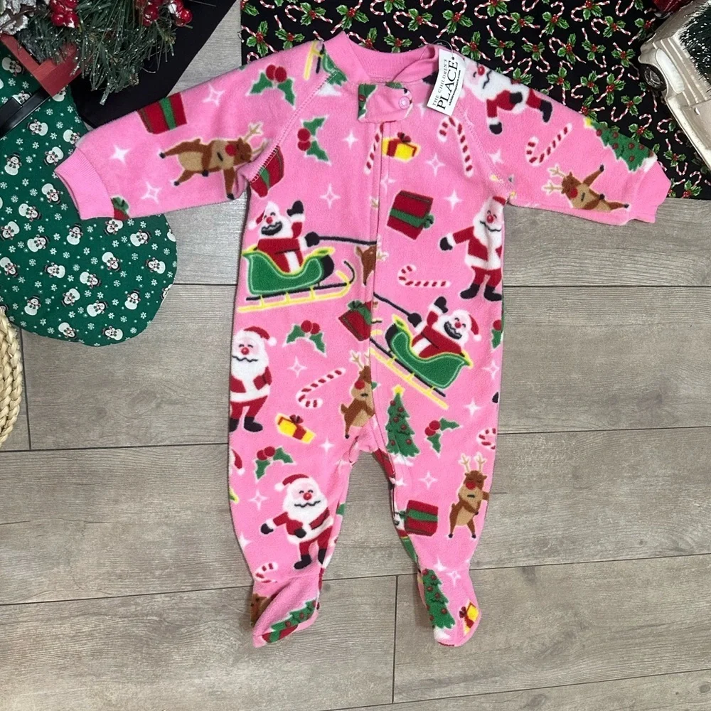 New Children Place Baby Girl Christmas Sleeper Pajamas Santa Fleece Footie 3-6M